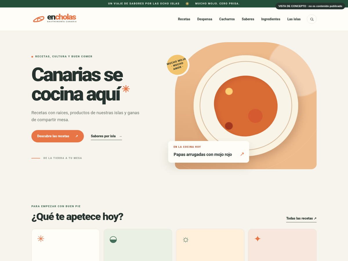 Vista del diseño de En Cholas, con cabecera, navegación y acceso a recetas canarias