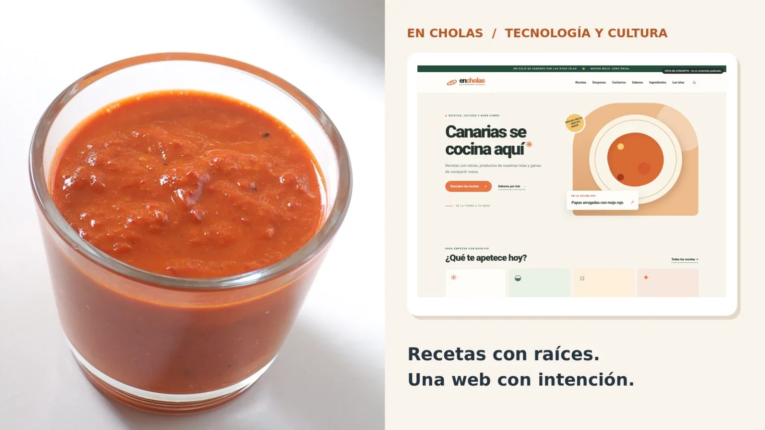 Composición con mojo picón y diseño de la web En Cholas