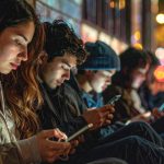 Una fila de jóvenes mirando sus móviles, conectados al mundo pero desconectados entre sí.