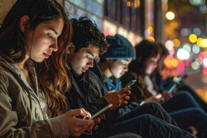 Una fila de jóvenes mirando sus móviles, conectados al mundo pero desconectados entre sí.