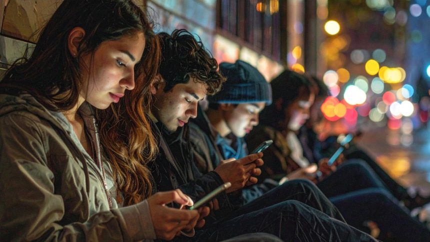 Una fila de jóvenes mirando sus móviles, conectados al mundo pero desconectados entre sí.