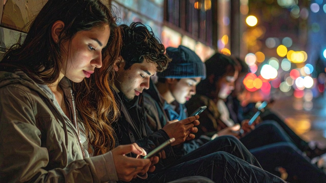Una fila de jóvenes mirando sus móviles, conectados al mundo pero desconectados entre sí.