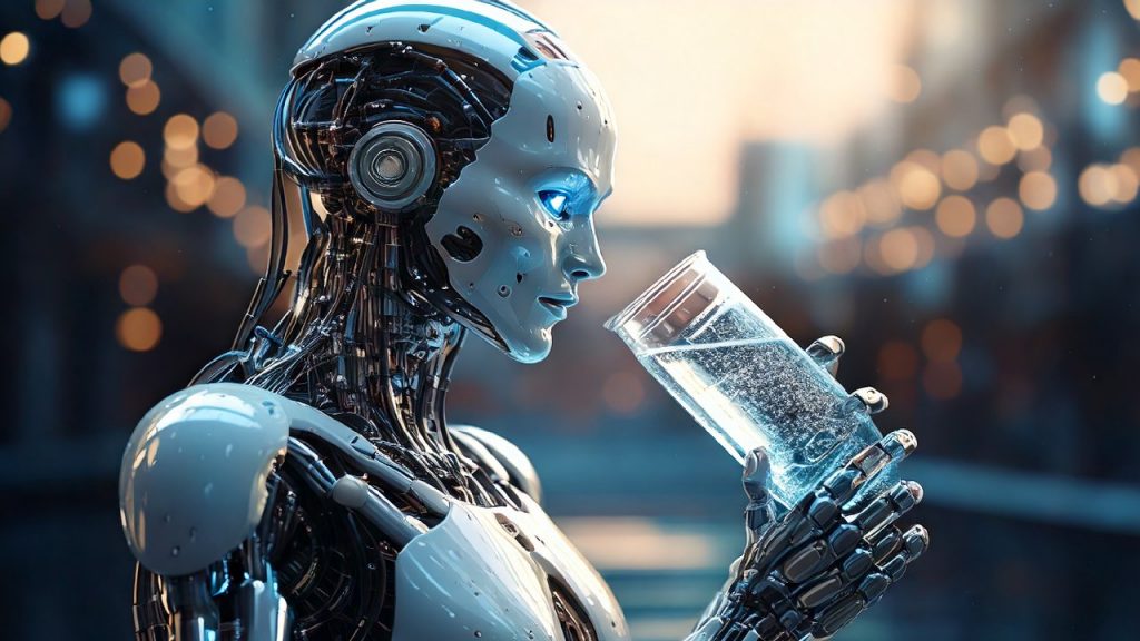 Un robot que simula la Inteligencia Artificial bebiendo agua