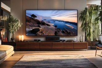 Una televisión en un salón moderno donde se ha desactivado una opción de la tv para mejorar la calidad de la imagen.
