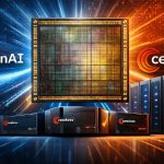 Ilustración conceptual de la alianza entre OpenAI y Cerebras Systems, con un chip de computación de IA a gran escala y servidores de alto rendimiento para inferencia en tiempo real.