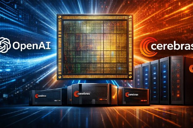 Ilustración conceptual de la alianza entre OpenAI y Cerebras Systems, con un chip de computación de IA a gran escala y servidores de alto rendimiento para inferencia en tiempo real.