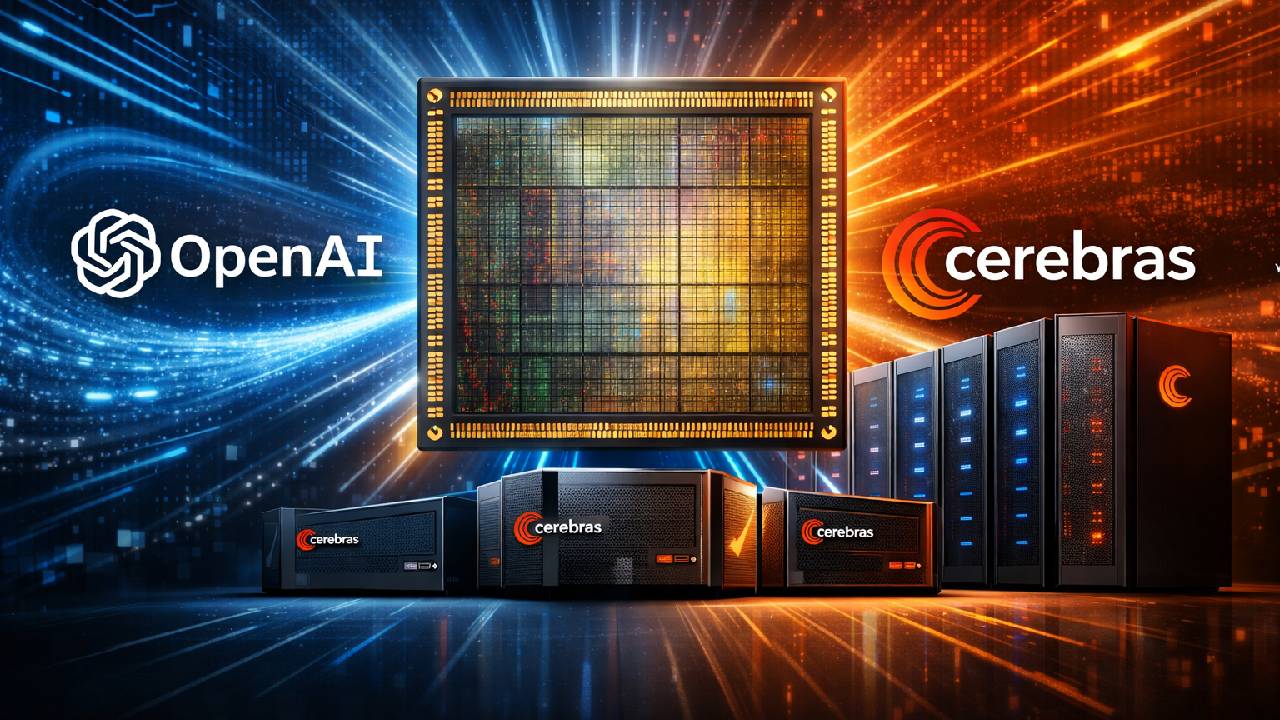 Ilustración conceptual de la alianza entre OpenAI y Cerebras Systems, con un chip de computación de IA a gran escala y servidores de alto rendimiento para inferencia en tiempo real.