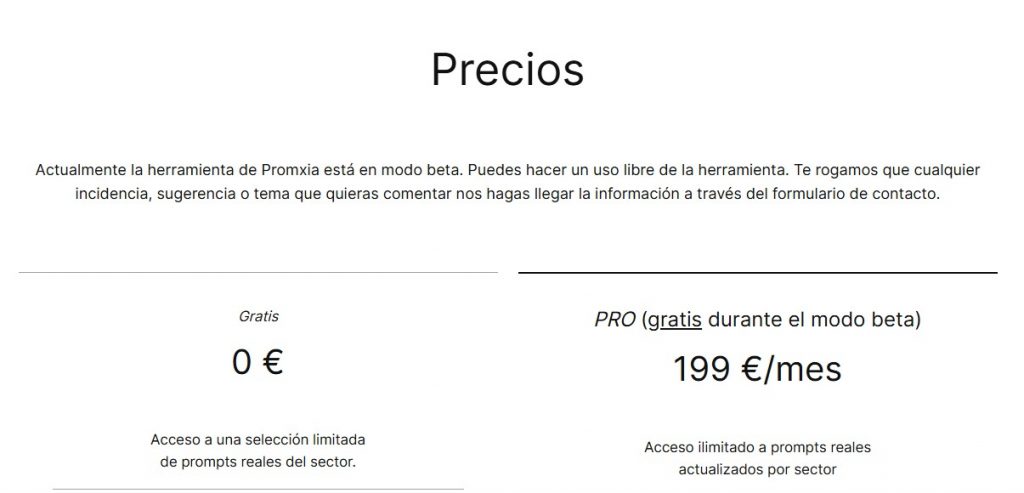 Actualmente la herramienta generador de prompts de Promxia ofrece la versión PRO abierta en modo beta